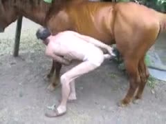 At the ranch where he works, a lustful middle-aged man gets naked and gets screwed by a hung horse.